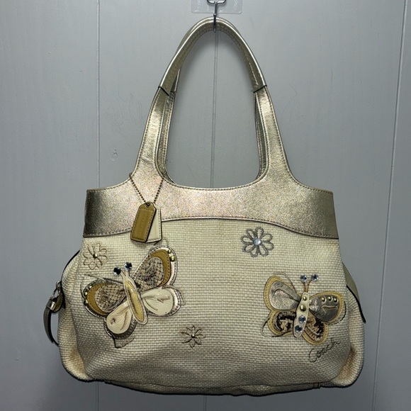 Coach Ivory Straw Embossed Embroidery Butterfly Gold Leather Trim Shoulder Bag - Picture 3 of 17